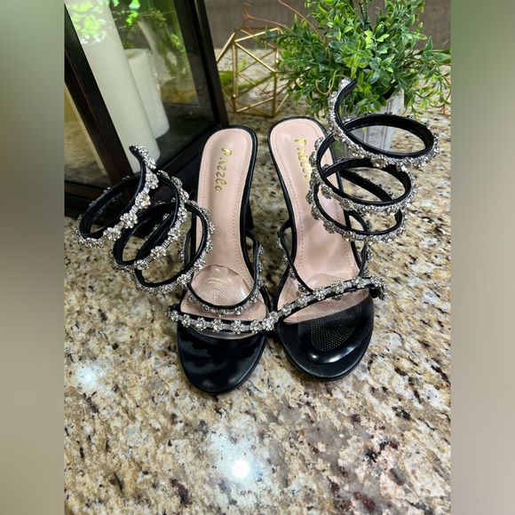 Pazzle Rhinestone Crystal Black/Silver Ankle Wrap High Heel Sandals - Picture 6 of 15